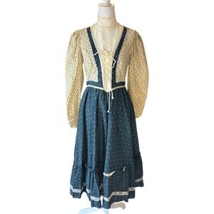 Vintage 70s Gunne Sax Prairie Dress Blue Calico Lace Up Pockets 3/4 Sleeve Sz 11